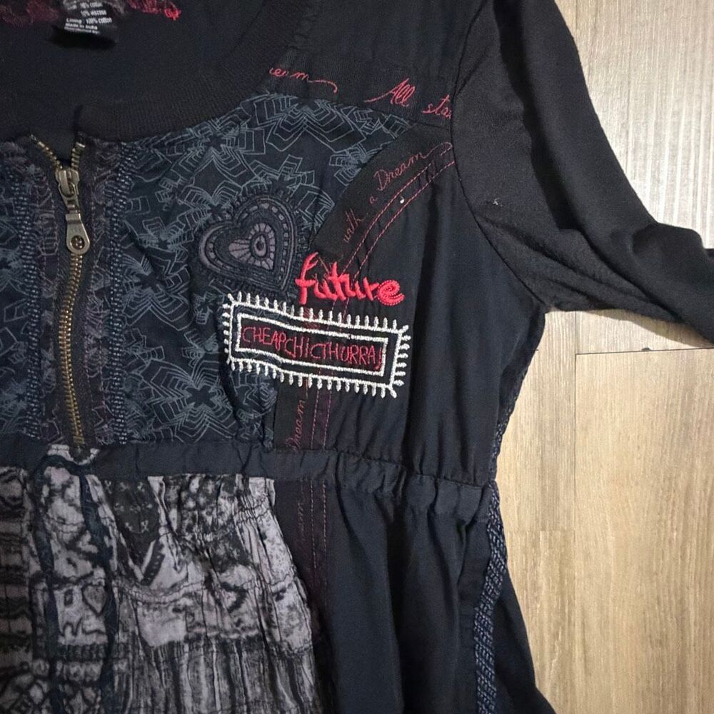 Desigual Embellished Black Sheath Dress 3/4 Sleeve Black Sz 38 Fairy Grunge Alt - Picture 6 of 9
